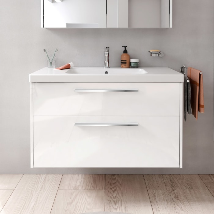 Duravit D-Code Waschtischunterschrank 100 cm mit Keramikwaschtisch, mit 2 Auszügen, Griff chrom