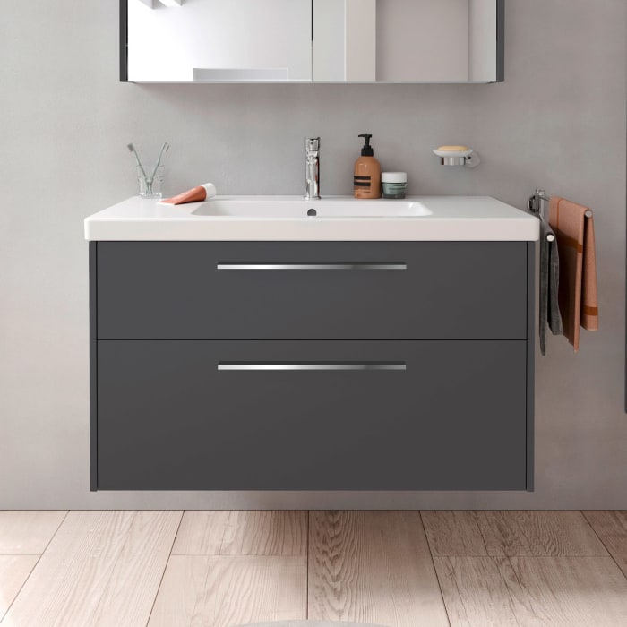 Duravit D-Code Waschtischunterschrank 100 cm mit Keramikwaschtisch, mit 2 Auszügen, Griff chrom