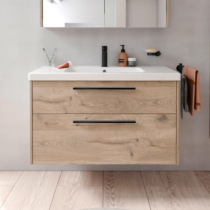 Duravit D-Code Waschtischunterschrank 100 cm mit Keramikwaschtisch, mit 2 Auszügen, Griff schwarz