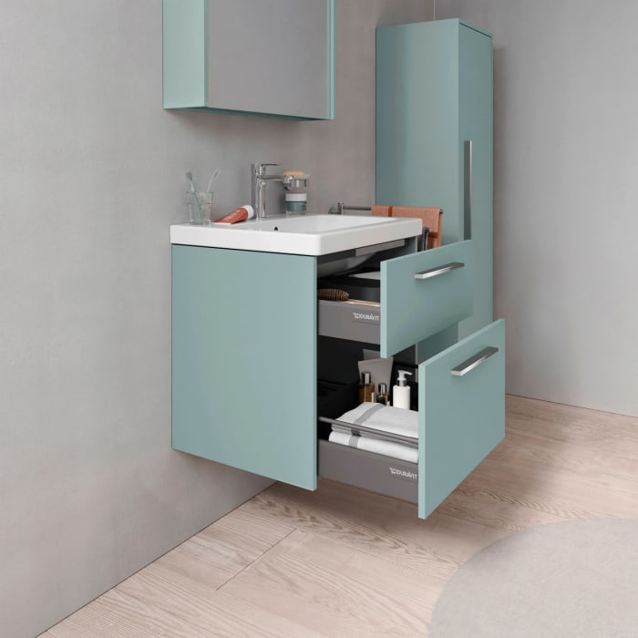 Duravit D-Code Waschtischunterschrank 60 cm mit Keramikwaschtisch, mit 2 Auszügen, Griff chrom