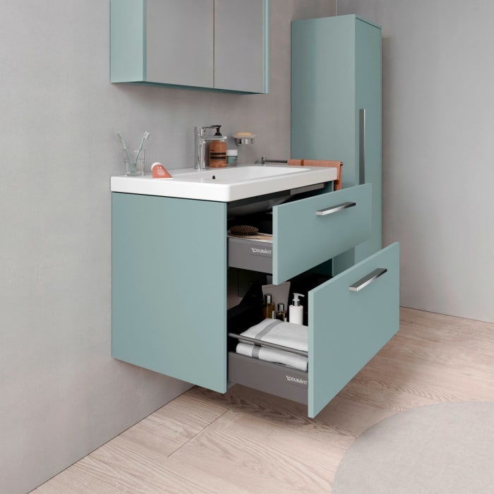 Duravit D-Code Waschtischunterschrank 80 cm mit Keramikwaschtisch, mit 2 Auszügen, Griff chrom