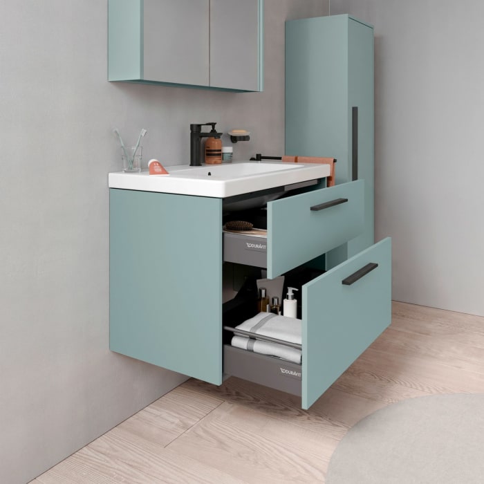 Duravit D-Code Waschtischunterschrank 80 cm mit Keramikwaschtisch, mit 2 Auszügen, Griff schwarz