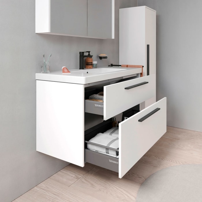 Duravit D-Code Waschtischunterschrank 100 cm mit Keramikwaschtisch, mit 2 Auszügen, Griff schwarz