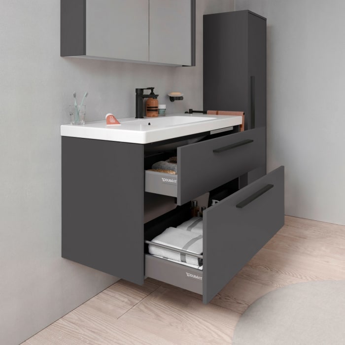 Duravit D-Code Waschtischunterschrank 100 cm mit Keramikwaschtisch, mit 2 Auszügen, Griff schwarz