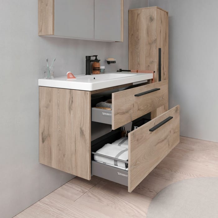 Duravit D-Code Waschtischunterschrank 100 cm mit Keramikwaschtisch, mit 2 Auszügen, Griff schwarz