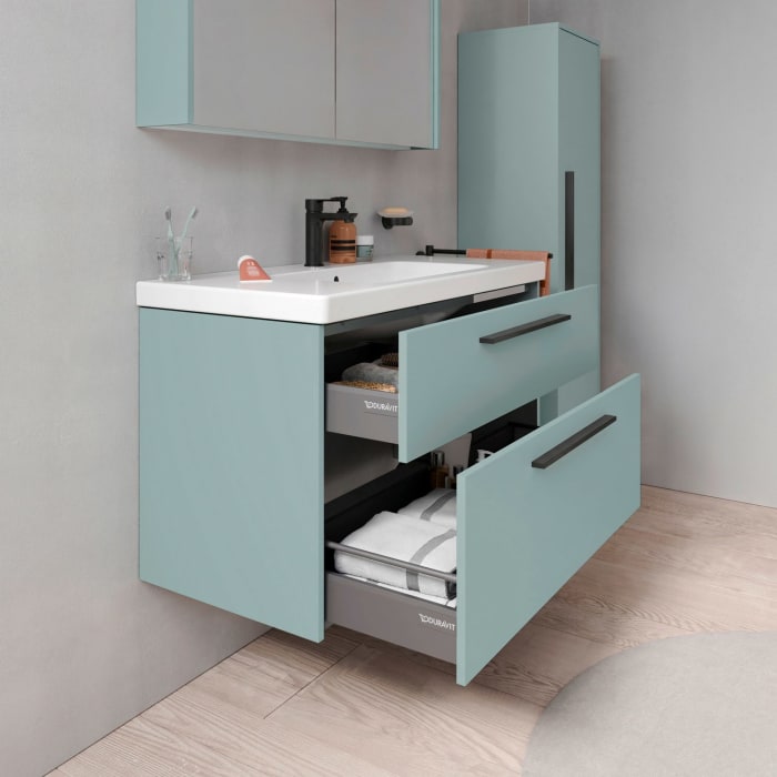 Duravit D-Code Waschtischunterschrank 100 cm mit Keramikwaschtisch, mit 2 Auszügen, Griff schwarz