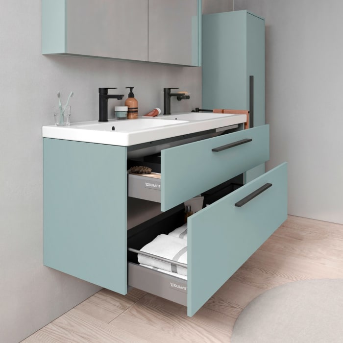 Duravit D-Code Waschtischunterschrank 120 cm mit Keramik-Doppelwaschtisch, mit 2 Auszügen, Griff schwarz