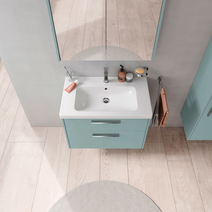 Duravit D-Code Waschtischunterschrank 80 cm mit Keramikwaschtisch, mit 2 Auszügen, Griff chrom