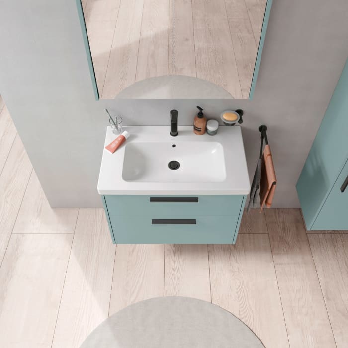 Duravit D-Code Waschtischunterschrank 80 cm mit Keramikwaschtisch, mit 2 Auszügen, Griff schwarz