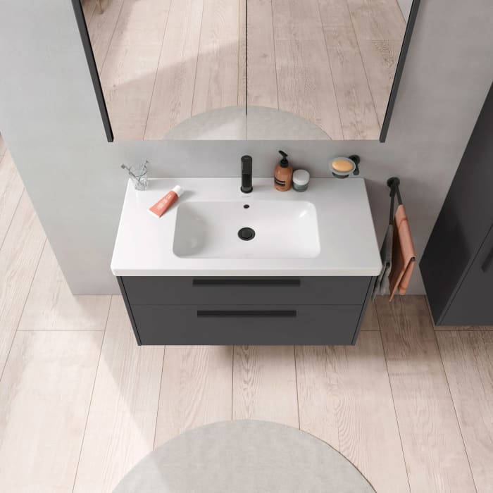 Duravit D-Code Waschtischunterschrank 100 cm mit Keramikwaschtisch, mit 2 Auszügen, Griff schwarz