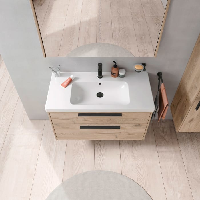 Duravit D-Code Waschtischunterschrank 100 cm mit Keramikwaschtisch, mit 2 Auszügen, Griff schwarz