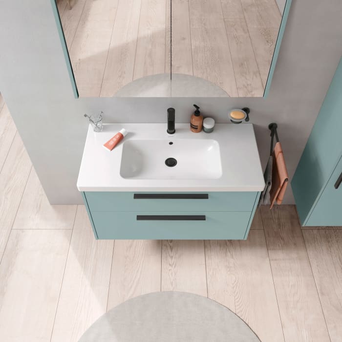 Duravit D-Code Waschtischunterschrank 100 cm mit Keramikwaschtisch, mit 2 Auszügen, Griff schwarz