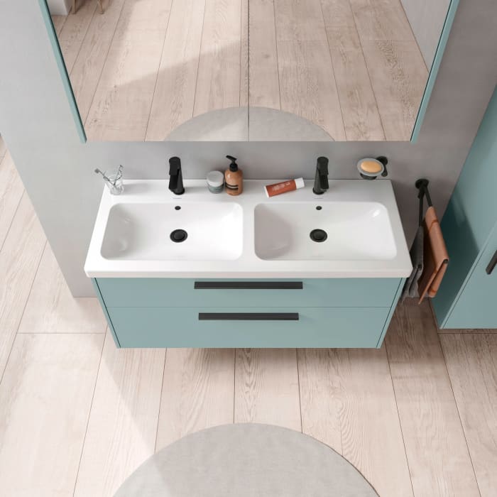 Duravit D-Code Waschtischunterschrank 120 cm mit Keramik-Doppelwaschtisch, mit 2 Auszügen, Griff schwarz