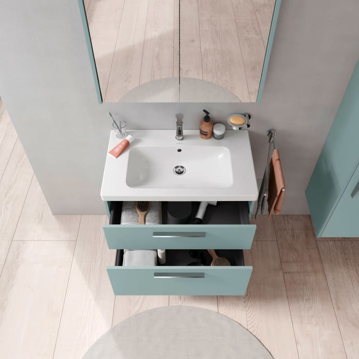 Duravit D-Code Waschtischunterschrank 80 cm mit Keramikwaschtisch, mit 2 Auszügen, Griff chrom