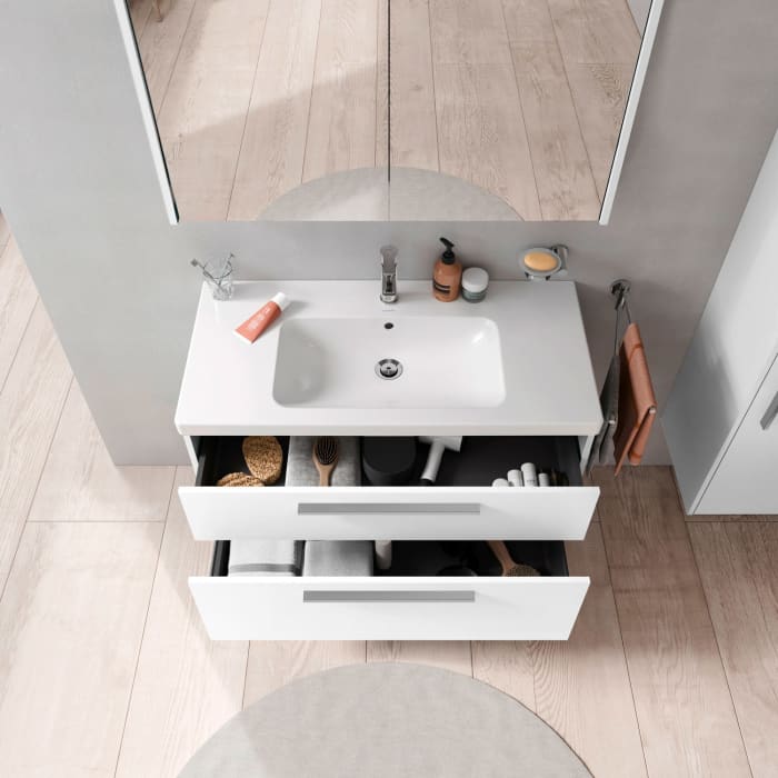 Duravit D-Code Waschtischunterschrank 100 cm mit Keramikwaschtisch, mit 2 Auszügen, Griff chrom