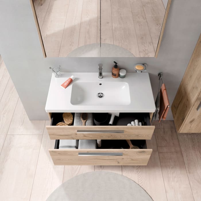 Duravit D-Code Waschtischunterschrank 100 cm mit Keramikwaschtisch, mit 2 Auszügen, Griff chrom