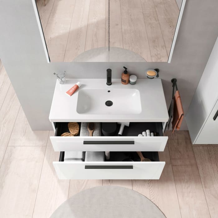 Duravit D-Code Waschtischunterschrank 100 cm mit Keramikwaschtisch, mit 2 Auszügen, Griff schwarz