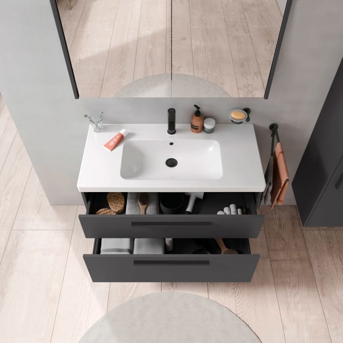Duravit D-Code Waschtischunterschrank 100 cm mit Keramikwaschtisch, mit 2 Auszügen, Griff schwarz