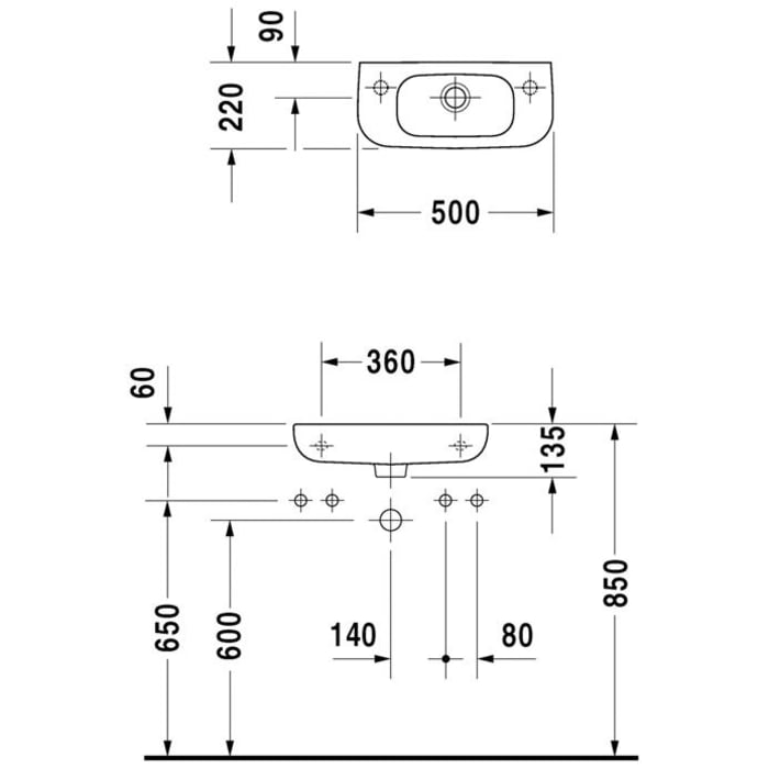 Duravit D-Code Handwaschbecken 50 cm 1 Hahnloch links durchgestochen