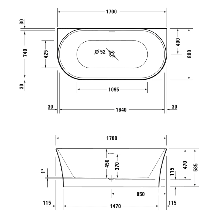 Duravit Joviva Vorwandbadewanne 170 x 80 x 47 cm