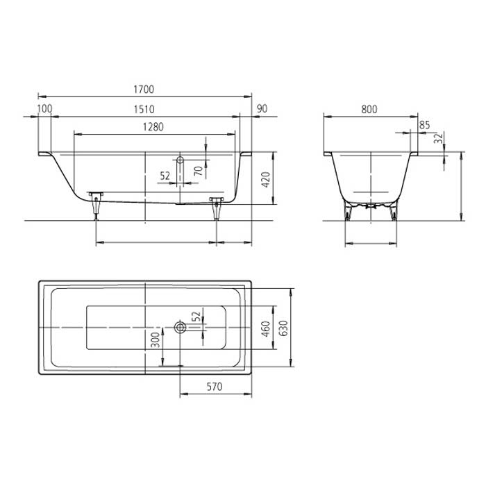 Kaldewei PURO Mod. 692 Badewanne 170 x 80 cm, mit seitl. Überlauf rechts und Perl-Effekt
