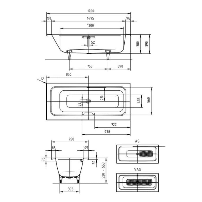 Kaldewei PURO SET WIDE LINKS Mod. 668 Badewanne 170 x 75 cm, mit Perl-Effekt