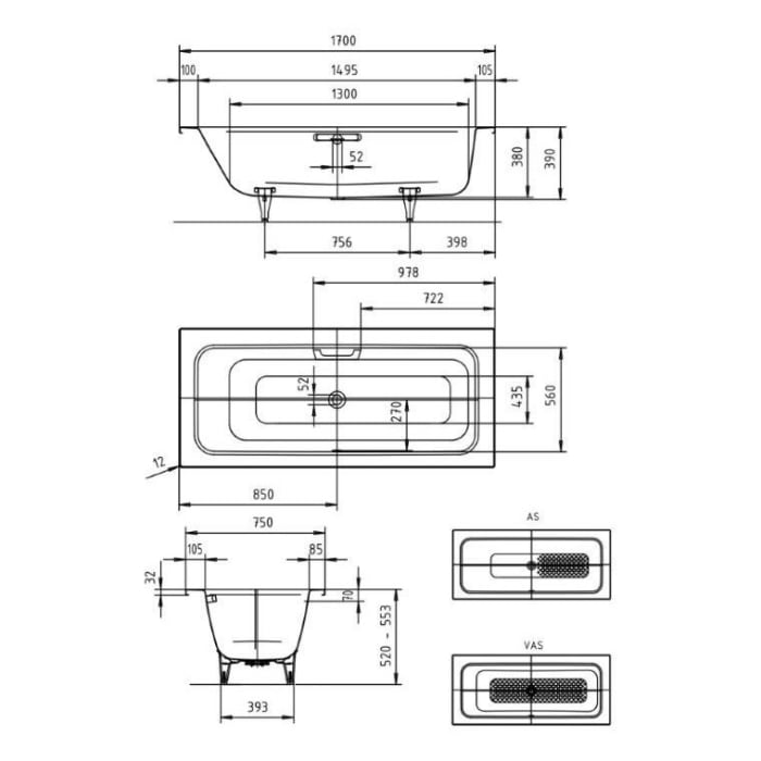 Kaldewei PURO SET WIDE RECHTS Mod. 667 Badewanne 170 x 75 cm, mit Grifflöcher