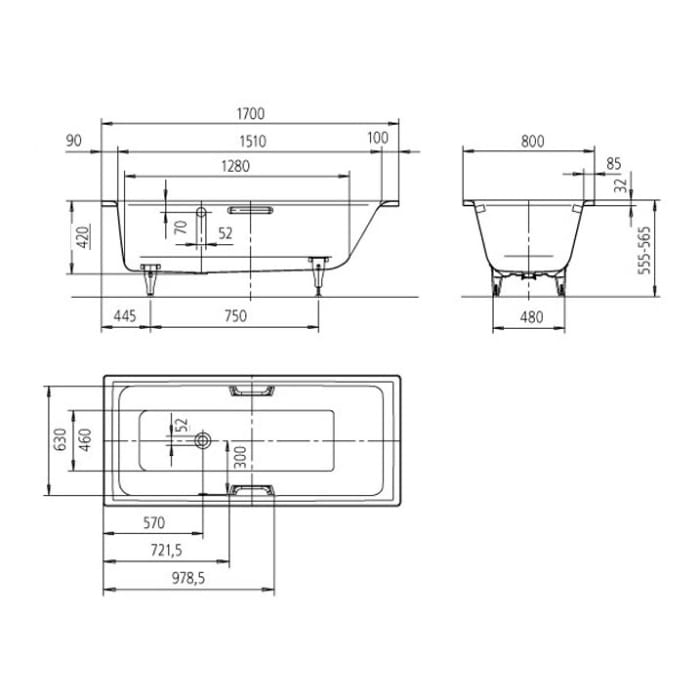 Kaldewei PURO STAR Mod. 694 Badewanne 170 x 80 cm, mit seitl. Überlauf links, mit Grifflöcher