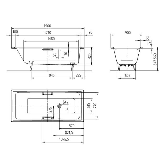 Kaldewei PURO STAR Mod. 699 Badewanne 190 x 90 cm, mit seitl. Überlauf rechts, mit Grifflöcher