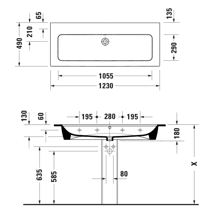 Duravit ME by Starck Waschtisch 123 x 49 cm, mit Überlauf, ohne Hahnloch