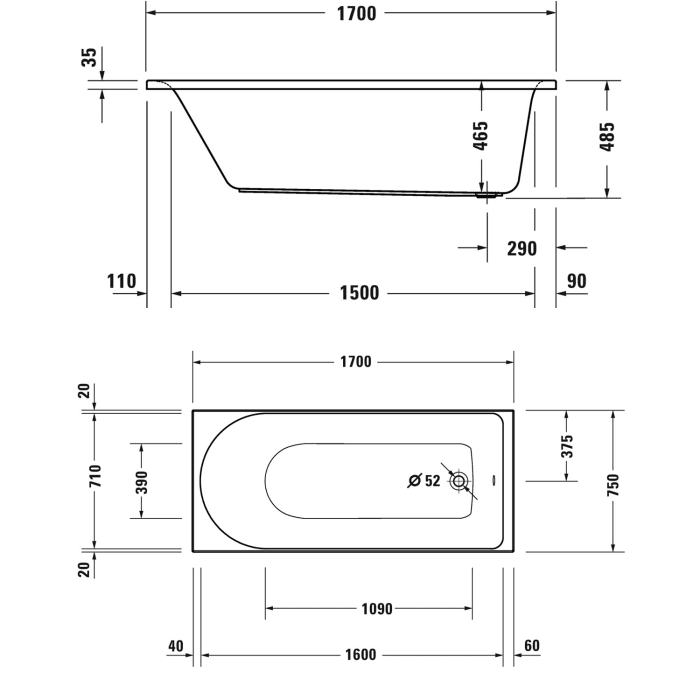 Duravit D-Neo Rechteck-Badewanne 170 x 75 cm, Einbauversion