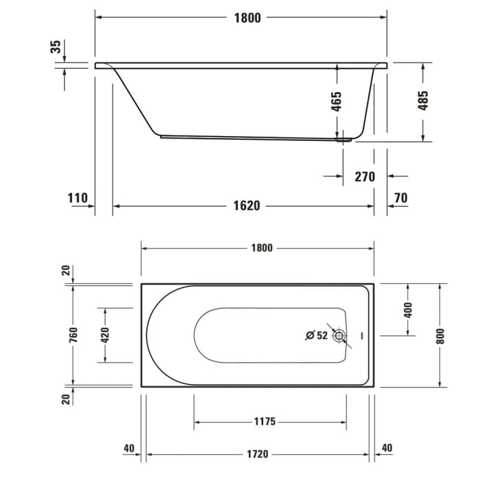 Duravit D-Neo Rechteck-Whirlwanne 180 x 80 cm, Einbauversion, Ab- und Überlauf am Fußende