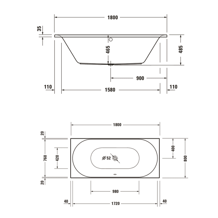 Duravit D-Neo Rechteck-Badewanne 180 x 80 cm, Einbauversion, Ab- und Überlauf mittig