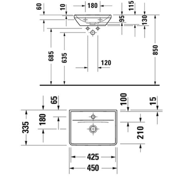 Duravit D-Neo Handwaschbecken 45 cm, mit 1 Hahnloch, ohne Überlauf