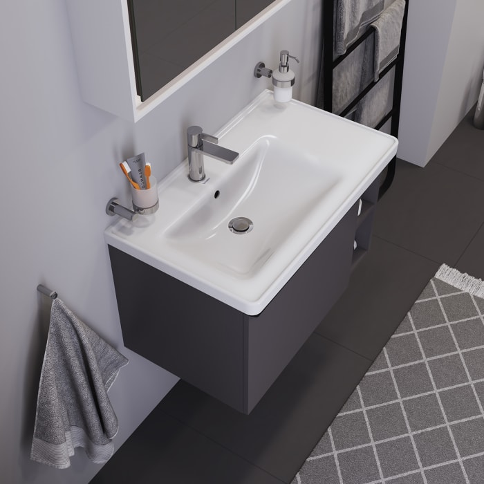 Duravit D-Neo Möbelwaschtisch 80 cm asymmetrisch, mit 1 Hahnloch und Überlauf, Ablage rechts