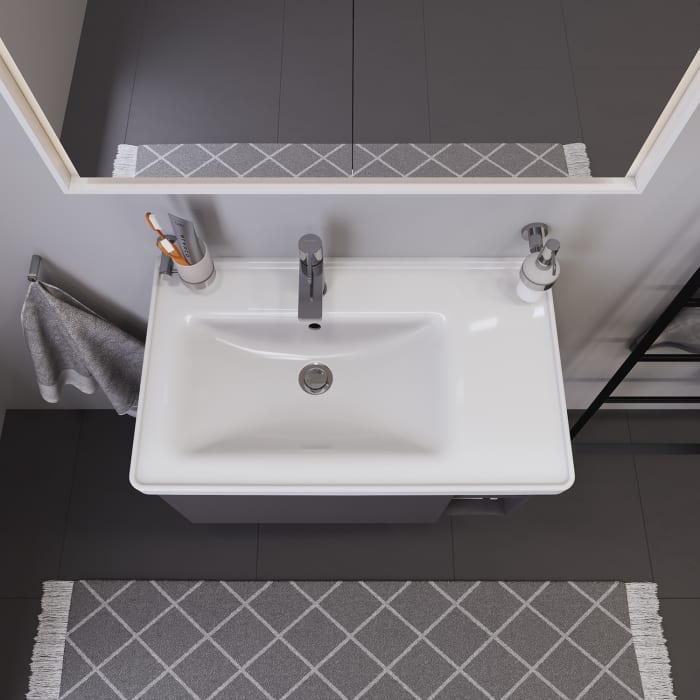Duravit D-Neo Möbelwaschtisch 80 cm asymmetrisch, mit 1 Hahnloch und Überlauf, Ablage rechts