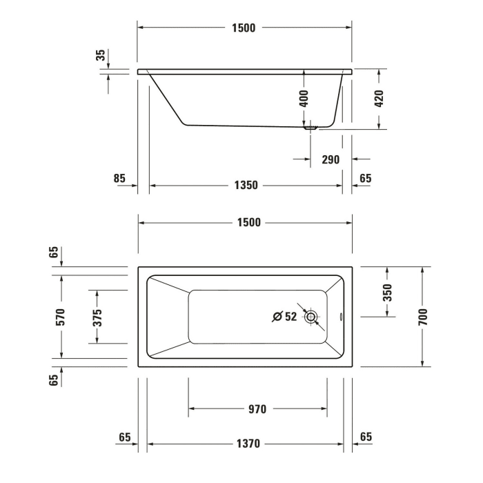 Duravit No. 1 Rechteck-Whirlwanne Jet Project 150 x 70 cm mit 1 Rückenschräge