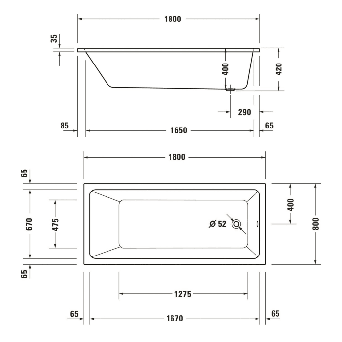 Duravit No. 1 Rechteck-Whirlwanne Jet Project 180 x 80 cm mit 1 Rückenschräge