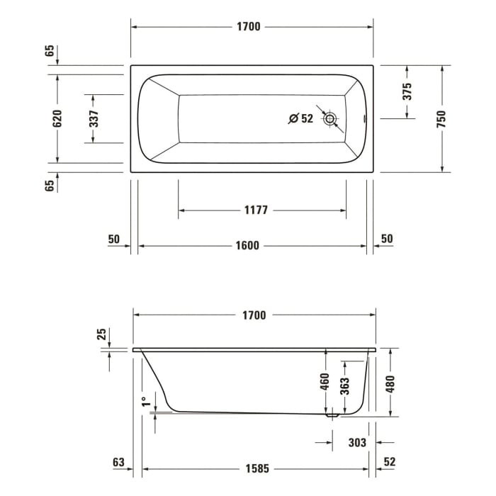 Duravit Qatego Rechteck-Badewanne 170 x 75 cm, Einbauversion
