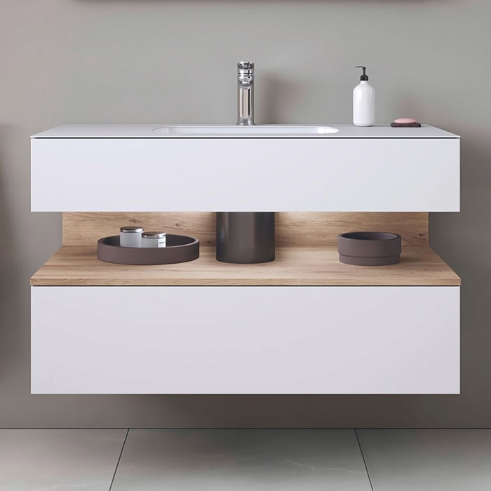 Duravit Qatego Einbauwaschtisch mit Konsolenwaschtischunterbau 100 x 60 cm, 1 Auszug, mit LED Beleuchtung