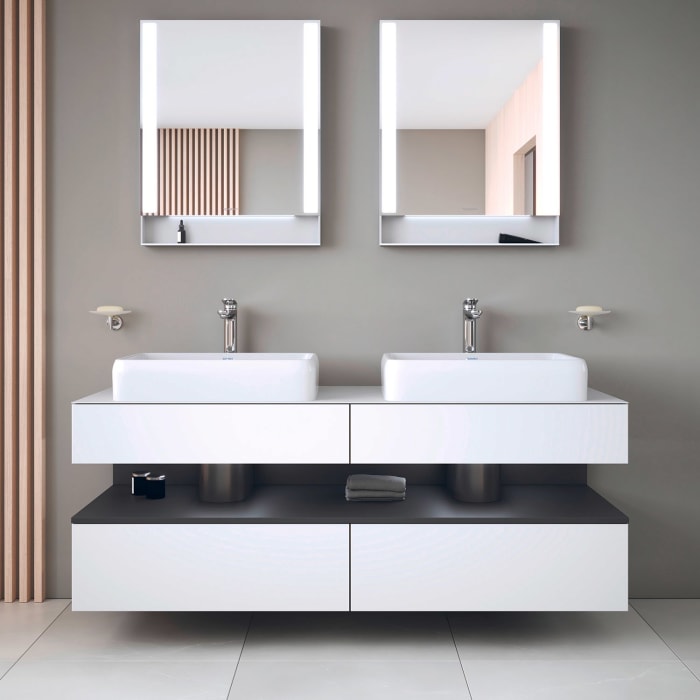 Duravit Qatego Konsolenwaschtischunterbau mit zwei Ausschnitten 160 x 60 cm, 4 Auszüge, mit LED Beleuchtung