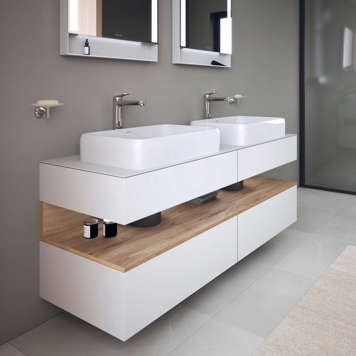 Duravit Qatego Konsolenwaschtischunterbau mit zwei Ausschnitten 160 x 60 cm, 4 Auszüge, mit LED Beleuchtung