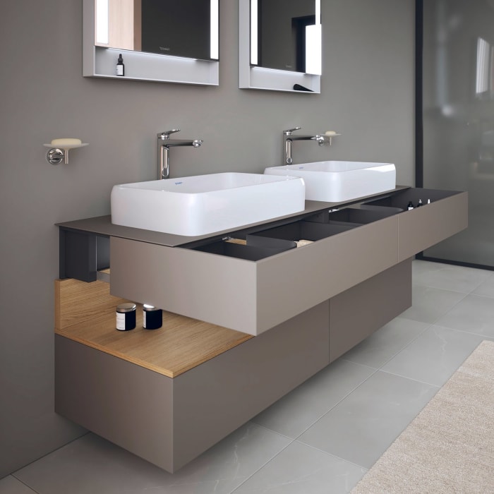 Duravit Qatego Konsolenwaschtischunterbau mit zwei Ausschnitten 160 x 60 cm, 4 Auszüge, mit LED Beleuchtung