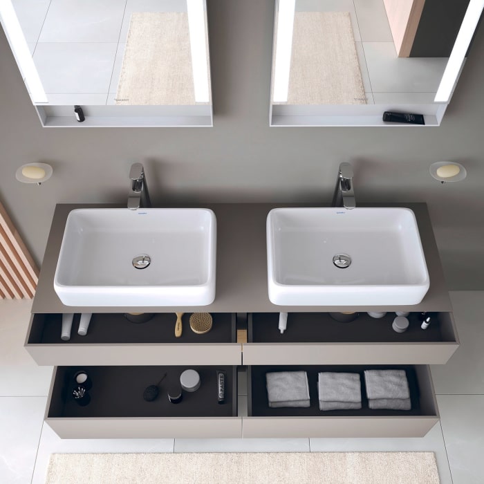 Duravit Qatego Konsolenwaschtischunterbau mit zwei Ausschnitten 160 x 60 cm, 4 Auszüge, mit LED Beleuchtung