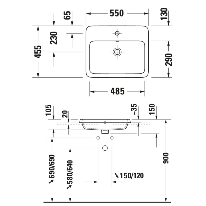 Duravit Qatego Einbauwaschtisch 55 x 45,5 cm, 1 Hahnloch