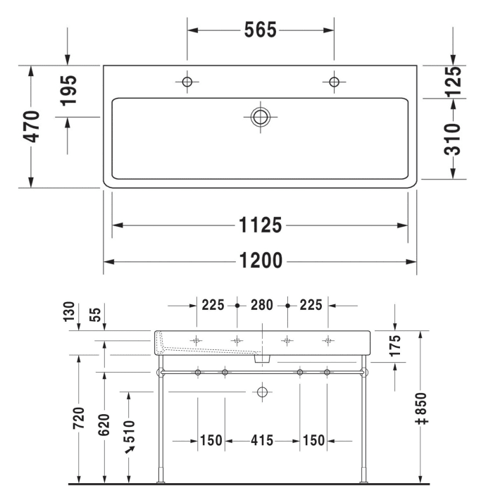 Duravit Vero Waschtisch 120 cm, mit 2 Hahnlöchern, mit Überlauf