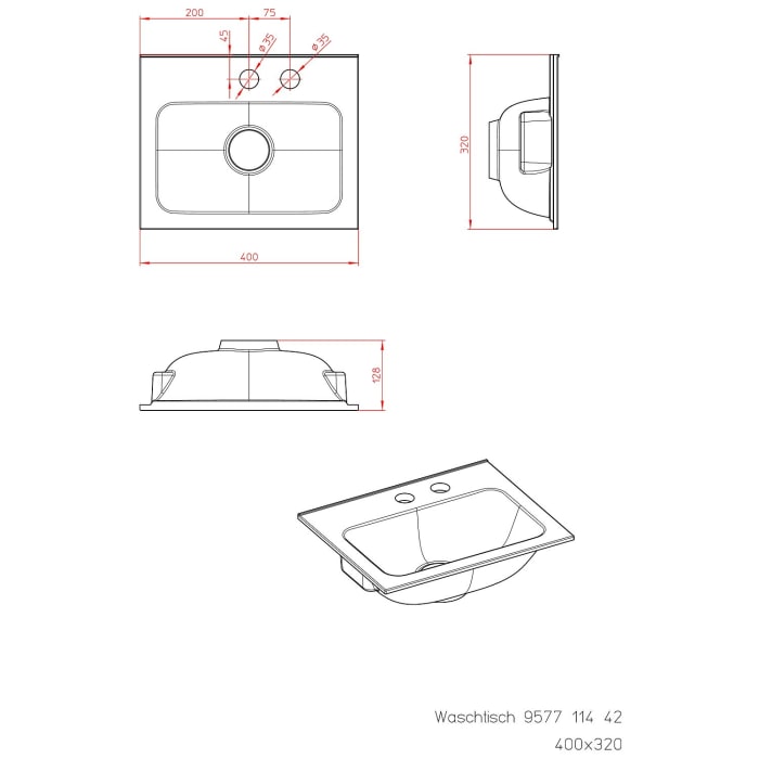Emco asis Waschtisch 40 cm mit 2 Hahnlöchern
