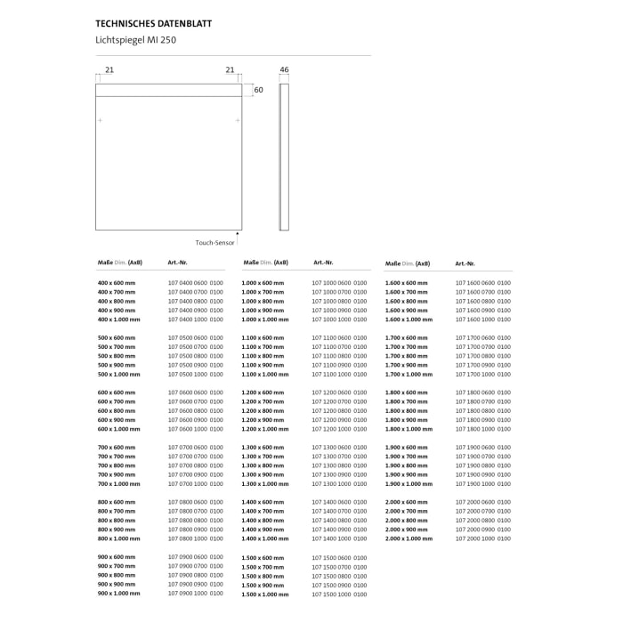 Emco MI 250 LED-Lichtspiegel 100 cm mit durchgehendem Lichtausschnitt und Sensorschalter