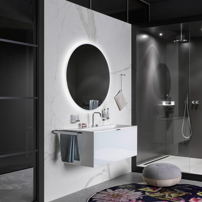 Emco Pure + Badezimmerspiegel Ø 79 cm mit Heizfolie und umlaufender Mattierung