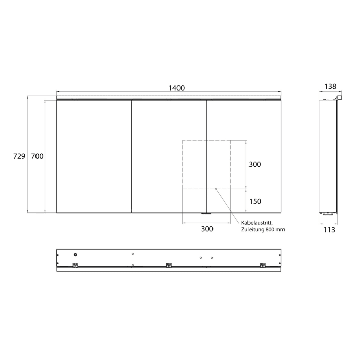 Emco flat 2 Classic LED-Lichtspiegelschrank 140 cm, mit LED-Aufsatzleuchte, 3 Türen